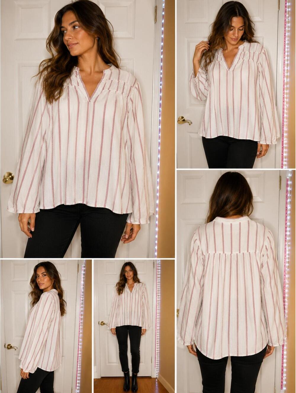 Splendid White and Pink Striped V-Neck Long Sleeve Blouse XL